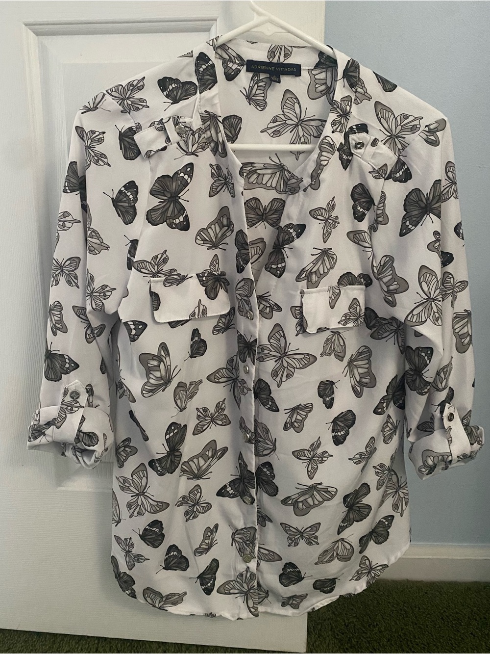 Adrienne Vittadini White Blouse with Black Butterfly Print